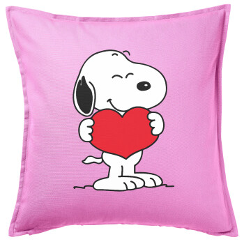 Snoopy takemy heart, Μαξιλάρι καναπέ ΡΟΖ 100% βαμβάκι, περιέχεται το γέμισμα (50x50cm)