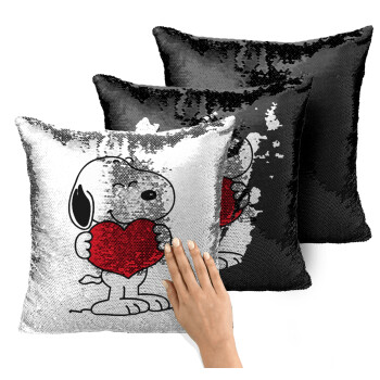 Snoopy takemy heart, Μαξιλάρι καναπέ Μαγικό Μαύρο με πούλιες 40x40cm περιέχεται το γέμισμα