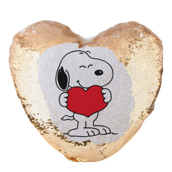 Snoopy takemy heart, Μαξιλάρι καναπέ καρδιά Μαγικό Χρυσό με πούλιες 40x40cm περιέχεται το  γέμισμα