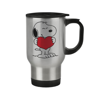 Snoopy takemy heart, Κούπα ταξιδιού ανοξείδωτη με καπάκι, διπλού τοιχώματος (θερμό) 450ml