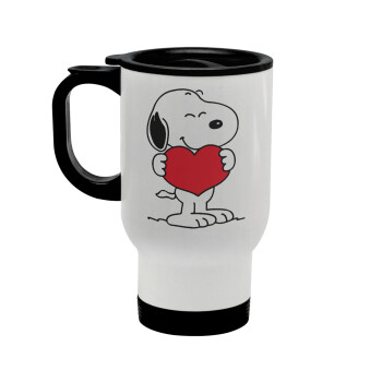 Snoopy takemy heart, Κούπα ταξιδιού ανοξείδωτη με καπάκι, διπλού τοιχώματος (θερμό) λευκή 450ml