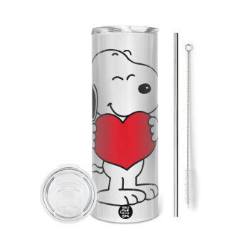 Snoopy takemy heart, Tumbler ποτήρι θερμό από ανοξείδωτο ατσάλι 600ml, με μεταλλικό καλαμάκι & βούρτσα καθαρισμού