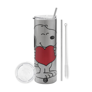 Snoopy takemy heart, Tumbler ποτήρι θερμό Ασημένιο από ανοξείδωτο ατσάλι 600ml, με μεταλλικό καλαμάκι & βούρτσα καθαρισμού