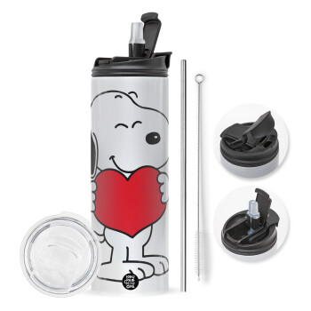 Snoopy takemy heart, Travel Tumbler θερμό με διπλό καπάκι, μεταλλικό καλαμάκι και βούρτσα καθαρισμού (Ανωξείδωτο 304 Food grade, BPA free, 600ml)