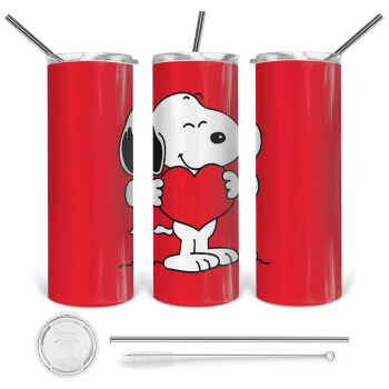 Snoopy takemy heart, Tumbler ποτήρι θερμό από ανοξείδωτο ατσάλι 600ml, με μεταλλικό καλαμάκι & βούρτσα καθαρισμού