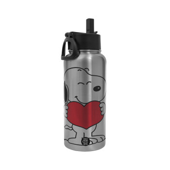 Snoopy takemy heart, Metal mug thermo Silver with Straw and Spout Lid (Stainless steel), double wall, 950ml