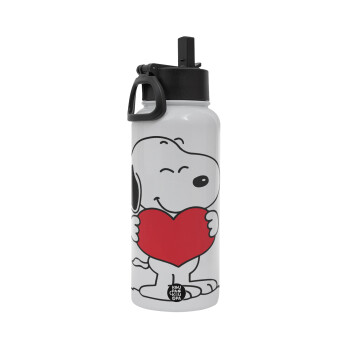 Snoopy takemy heart, Metal mug thermo White with Straw and Spout Lid (Stainless steel), double wall, 950ml