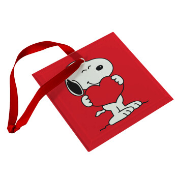 Snoopy takemy heart, Στολίδι Χριστουγεννιάτικο στολίδι γυάλινο τετράγωνο 9x9cm