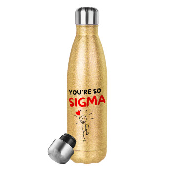 Sigma Valentine's Day , Μεταλλικό παγούρι θερμός Glitter χρυσό (Stainless steel), διπλού τοιχώματος, 500ml