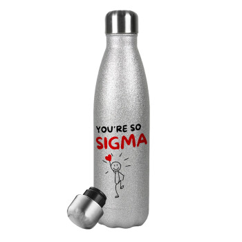 Sigma Valentine's Day , Μεταλλικό παγούρι θερμός Glitter Aσημένιο (Stainless steel), διπλού τοιχώματος, 500ml