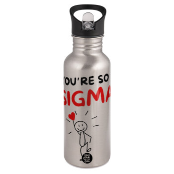 Sigma Valentine's Day , Water bottle Silver with straw, stainless steel 600ml