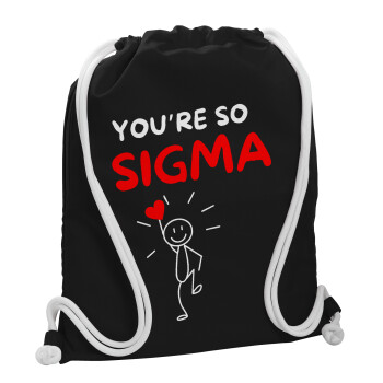 Sigma Valentine's Day , Τσάντα πλάτης πουγκί GYMBAG Μαύρη, με τσέπη (40x48cm) & χονδρά λευκά κορδόνια