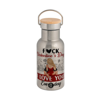 I love You Everyday , Stainless steel metallic thermos flask, silver with a bamboo lid, double-walled, 350ml.