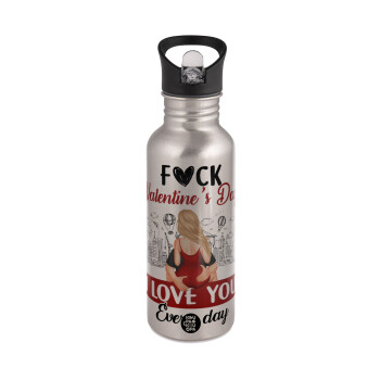 I love You Everyday , Water bottle Silver with straw, stainless steel 600ml