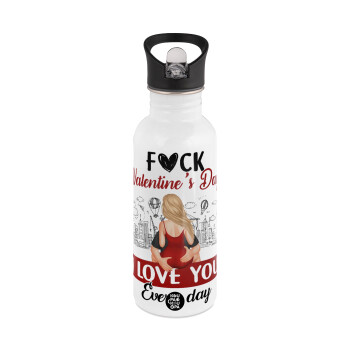 I love You Everyday , White water bottle with straw, stainless steel 600ml