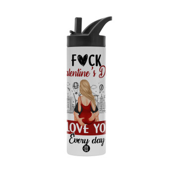 I love You Everyday , Metallic thermos bottle with straw & handle, stainless steel (Stainless steel 304), double-walled, 600ml.