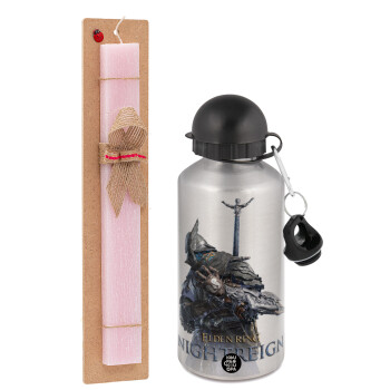 ELDEN RING NIGHTREIGN, Easter Set, metallic Silver aluminum water bottle (500ml) & scented flat Easter candle (30cm) (PINK)