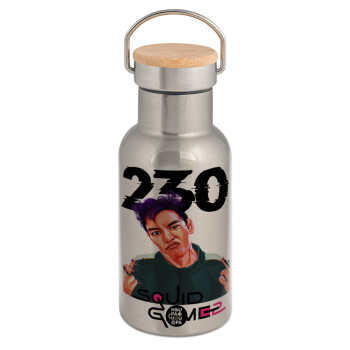 Squid game 2, Thanos 230, Stainless steel metallic thermos flask, silver with a bamboo lid, double-walled, 350ml.