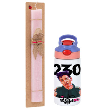 Squid game 2, Thanos 230, Easter Set, Children's thermal stainless steel water bottle with safety straw, pink/purple (350ml) & Easter scented flat candle (30cm) (PINK)