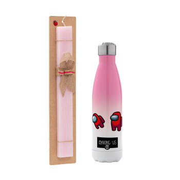 Among US, Easter Set, Metallic pink/white (Stainless steel) thermos, double-walled, 500ml & aromatic flat Easter candle (30cm) (PINK)