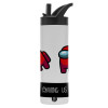 Metallic thermos bottle with straw & handle, stainless steel (Stainless steel 304), double-walled, 600ml.