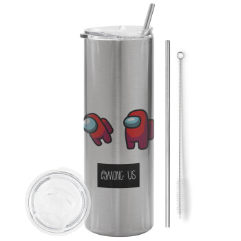 Among US, Eco friendly stainless steel Silver tumbler 600ml, with metal straw & cleaning brush