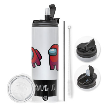 Among US, Travel Tumbler 2 Lids, with metal straw & cleaning brush (Stainless steel 304 Food grade, BPA free, 600ml)