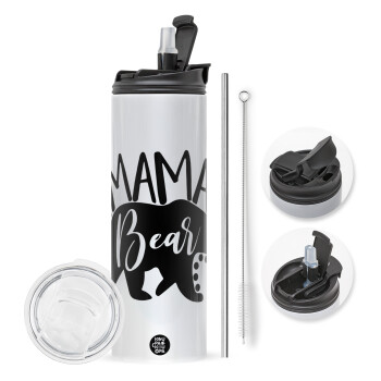 Mama Bear, Travel Tumbler 2 Lids, with metal straw & cleaning brush (Stainless steel 304 Food grade, BPA free, 600ml)