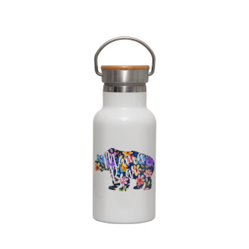 Mama Bear floral, Metallic thermos (Stainless steel) White with wooden lid (bamboo), double-walled, 350ml