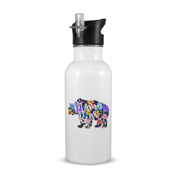 Mama Bear floral, White water bottle with straw, stainless steel 600ml