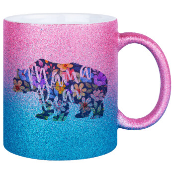 Mama Bear floral, Κούπα Χρυσή/Μπλε Glitter, κεραμική, 330ml