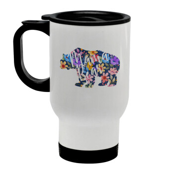 Mama Bear floral, Stainless steel travel mug with lid, double wall white 450ml