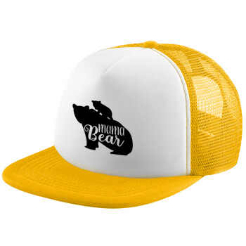 Mama Bear with kid, Adult Soft Trucker Hat with Yellow/White Mesh (POLYESTER, ADULT, UNISEX, ONE SIZE)