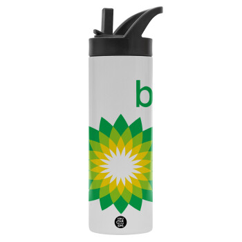 Πρατήριο καυσίμων BP, Metallic thermos bottle with straw & handle, stainless steel (Stainless steel 304), double-walled, 600ml.