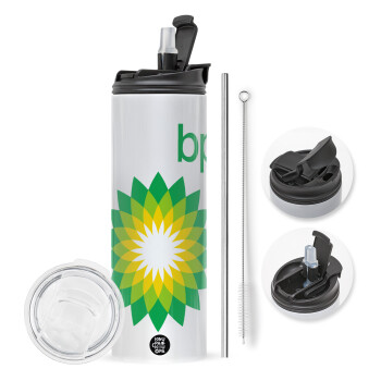 Πρατήριο καυσίμων BP, Travel Tumbler θερμό με διπλό καπάκι, μεταλλικό καλαμάκι και βούρτσα καθαρισμού (Ανωξείδωτο 304 Food grade, BPA free, 600ml)