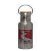 Stainless steel metallic thermos flask, silver with a bamboo lid, double-walled, 350ml.