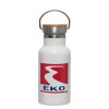 Metallic thermos (Stainless steel) White with wooden lid (bamboo), double-walled, 350ml