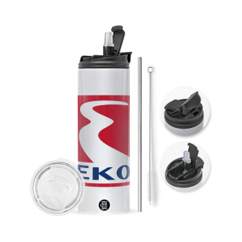 Πρατήριο καυσίμων EKO, Travel Tumbler θερμό με διπλό καπάκι, μεταλλικό καλαμάκι και βούρτσα καθαρισμού (Ανωξείδωτο 304 Food grade, BPA free, 600ml)