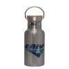 Stainless steel metallic thermos flask, silver with a bamboo lid, double-walled, 350ml.