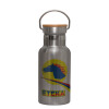 Stainless steel metallic thermos flask, silver with a bamboo lid, double-walled, 350ml.