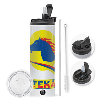 Πρατήριο καυσίμων ETEKA, Travel Tumbler θερμό με διπλό καπάκι, μεταλλικό καλαμάκι και βούρτσα καθαρισμού (Ανωξείδωτο 304 Food grade, BPA free, 600ml)