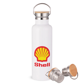 Πρατήριο καυσίμων SHELL, Μεταλλικό παγούρι θερμός (Stainless steel) Λευκό με ξύλινο καπακι (bamboo), διπλού τοιχώματος, 750ml