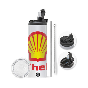 Πρατήριο καυσίμων SHELL, Travel Tumbler θερμό με διπλό καπάκι, μεταλλικό καλαμάκι και βούρτσα καθαρισμού (Ανωξείδωτο 304 Food grade, BPA free, 600ml)