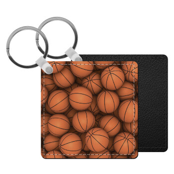 Basketballs, Μπρελόκ Δερματίνη, τετράγωνο ΜΑΥΡΟ (5x5cm)