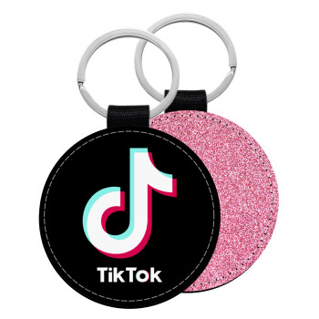 tik tok black, Μπρελόκ Δερματίνη, στρογγυλό ΡΟΖ (5cm)