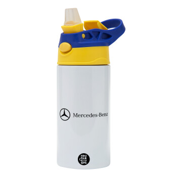 Mercedes small logo, Children's hot water bottle, stainless steel, with safety straw, green, blue (360ml) BPA FREE