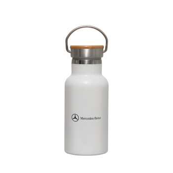 Mercedes small logo, Metallic thermos (Stainless steel) White with wooden lid (bamboo), double-walled, 350ml