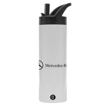 Mercedes small logo, Μεταλλικό παγούρι θερμός με καλαμάκι & χειρολαβή, ανοξείδωτο ατσάλι (Stainless steel 304), διπλού τοιχώματος, 600ml