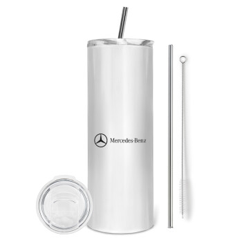 Mercedes small logo, Tumbler ποτήρι θερμό από ανοξείδωτο ατσάλι 600ml, με μεταλλικό καλαμάκι & βούρτσα καθαρισμού