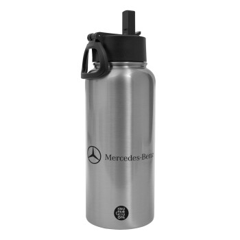 Mercedes small logo, Μεταλλικό παγούρι θερμός Silver με καλαμάκι και χερούλι (Stainless steel), διπλού τοιχώματος, 950ml